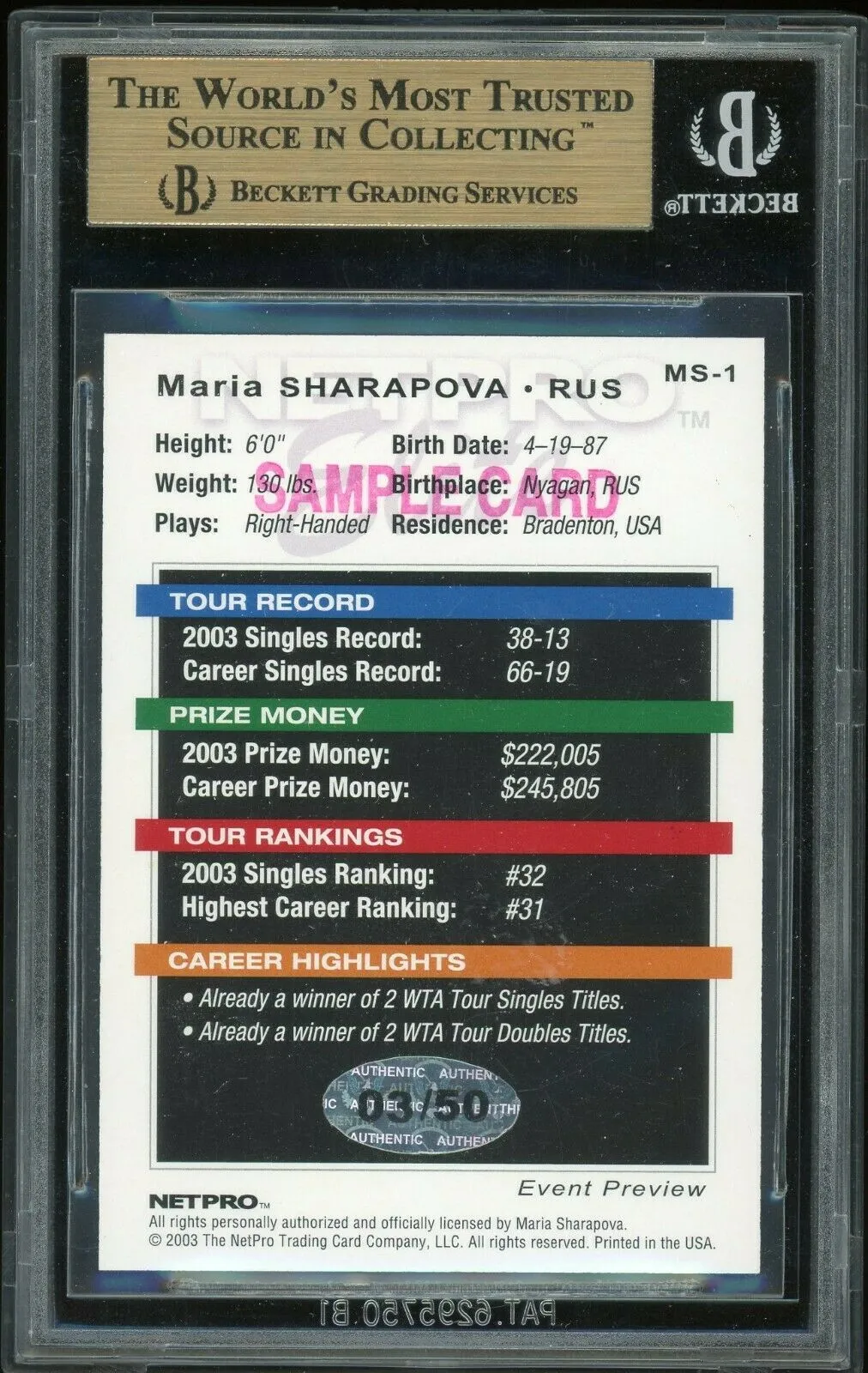 2003 Netpro Elite Court Authentics Maria Sharapova Auto #MS1 Pink Dress RC /50