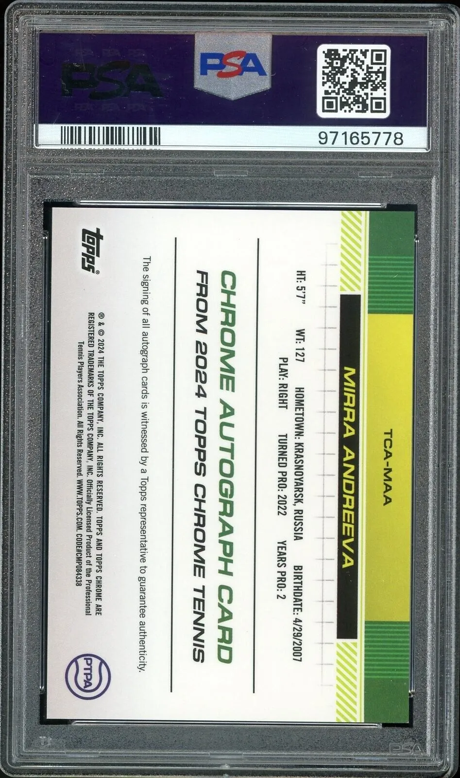 2024 Topps Chrome Tennis #TCAMAA Mirra Andreeva Auto Rookie PSA 10 GEM MINT