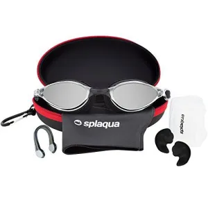 5 Piece Swimming Gear Set Mirrored Goggles Swim Cap Ear Plugs Nose Clip Waterproof EVA Case - by Splaqua