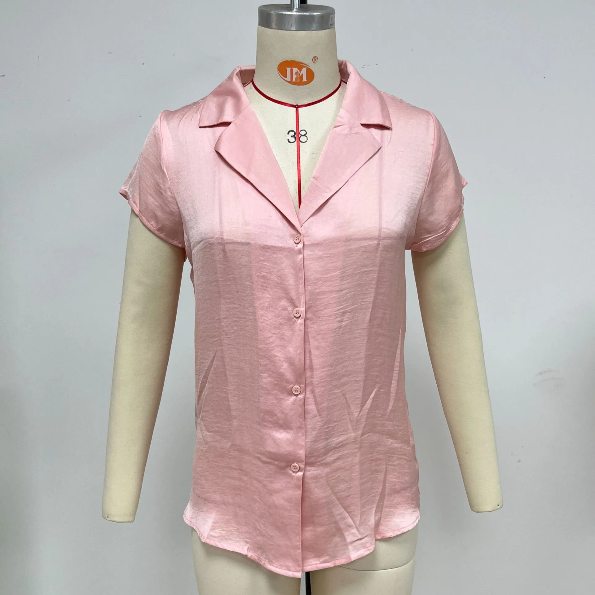 AB09HL AB09HL Amazon 2023 Europe And America Cross-border Foreign Trade Summer Solid Color Satin Short Sleeve Lapel Loose Shirt Women's Top