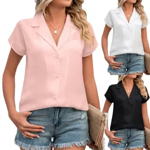 AB09HL AB09HL Amazon 2023 Europe And America Cross-border Foreign Trade Summer Solid Color Satin Short Sleeve Lapel Loose Shirt Women's Top