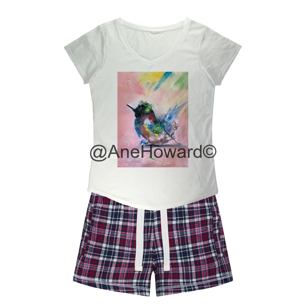Abstract Bird Women's Sleepy Cotton Tee and Flannel Short