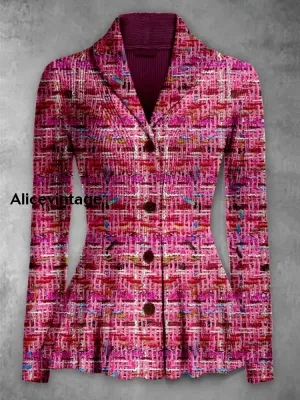 Abstract Color Print Vintage Elegant Lapel V-Neck Button Up Long Sleeve Top