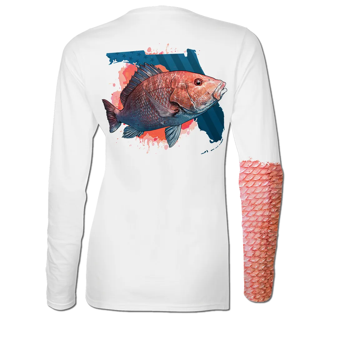 American Red Snapper - Ladies Long Sleeve V-Neck Performance Shirt