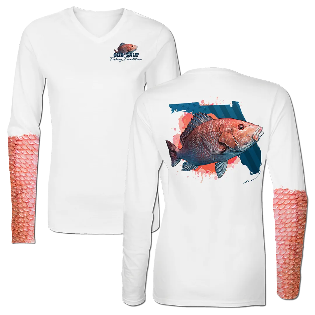 American Red Snapper - Ladies Long Sleeve V-Neck Performance Shirt