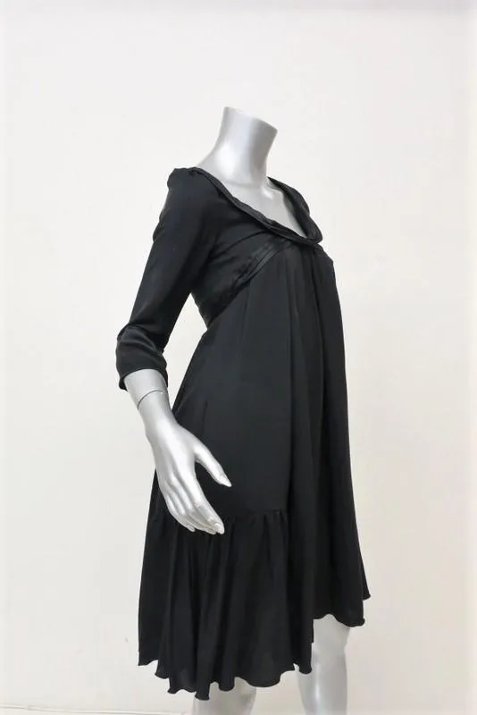 Bally Dress Black Satin-Trim Silk Size US 2 Scoop Neck 3/4 Sleeve