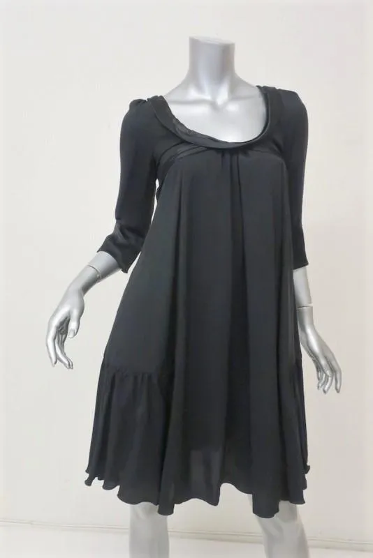 Bally Dress Black Satin-Trim Silk Size US 2 Scoop Neck 3/4 Sleeve