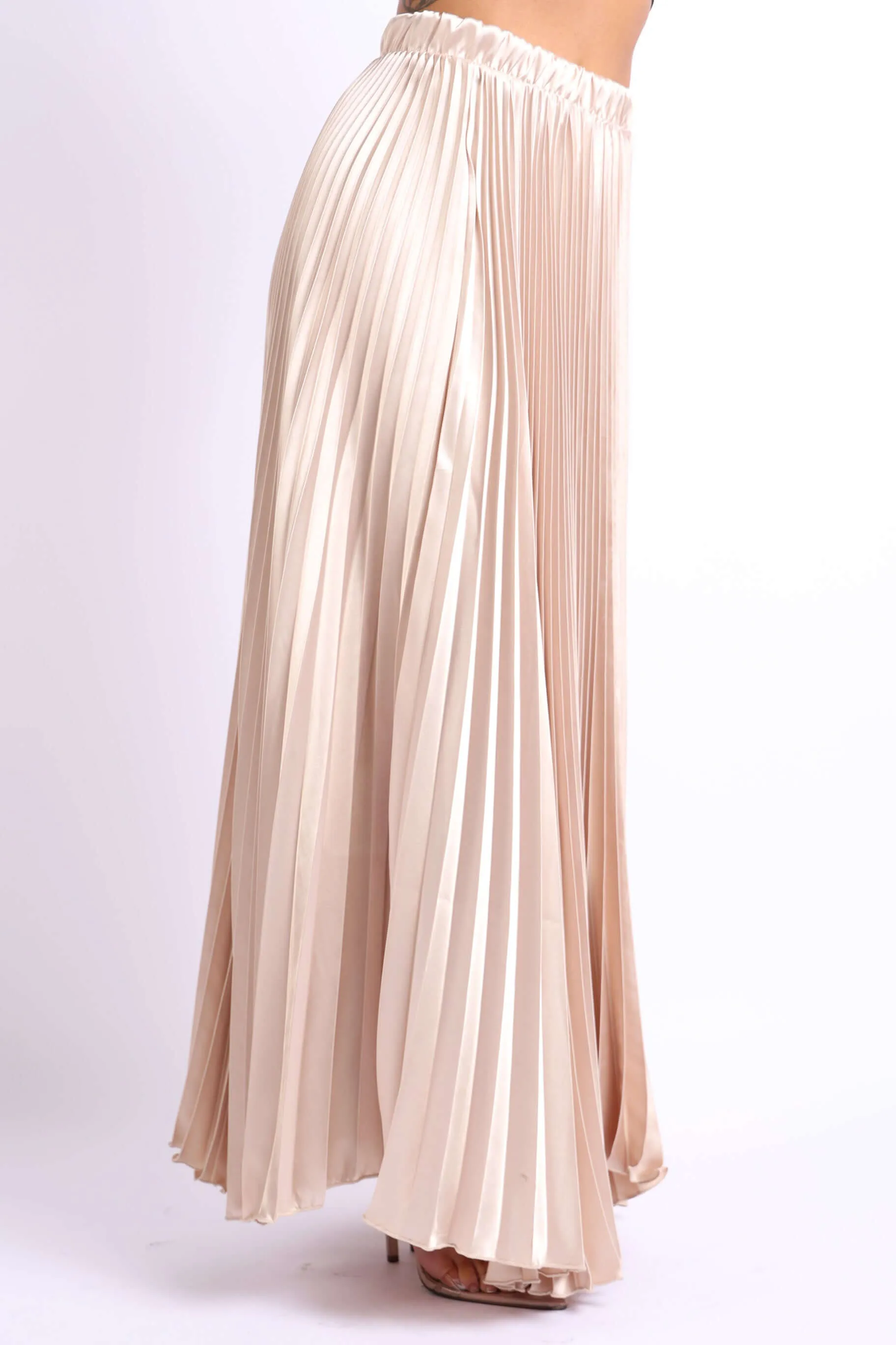 Beige Gold High Waist Pleated Satin Maxi Skirt