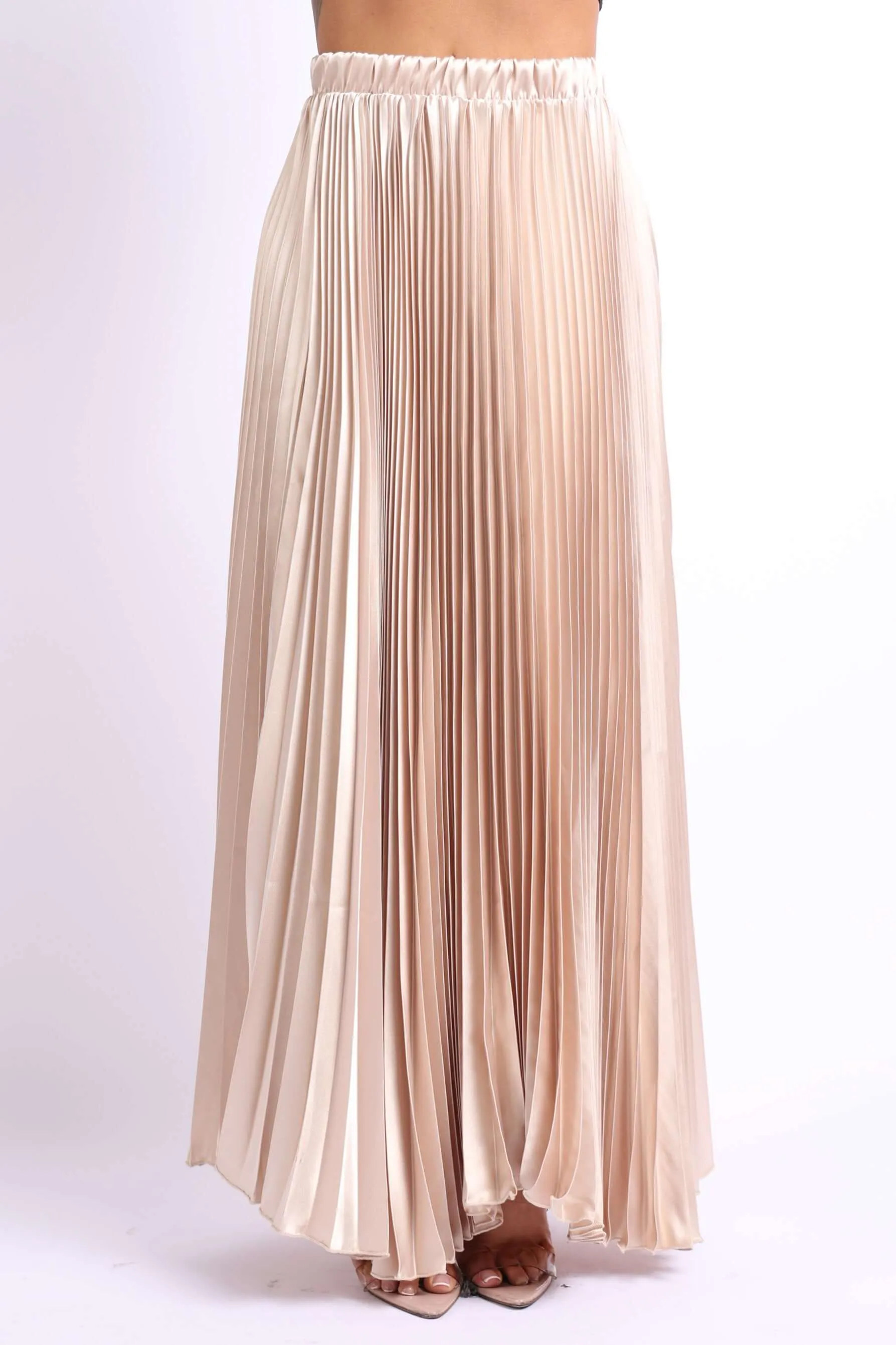 Beige Gold High Waist Pleated Satin Maxi Skirt