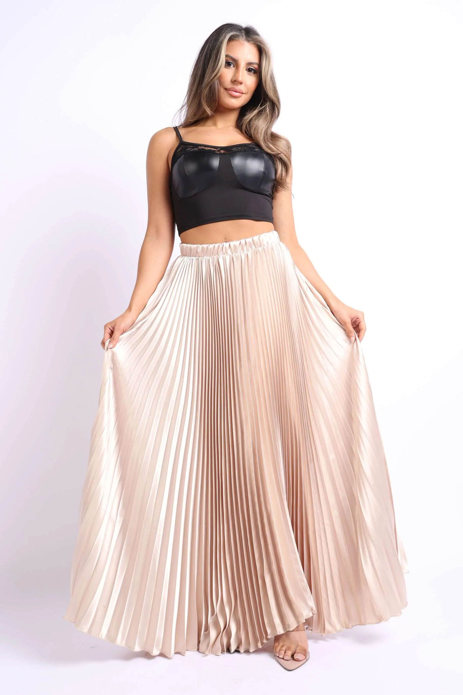 Beige Gold High Waist Pleated Satin Maxi Skirt