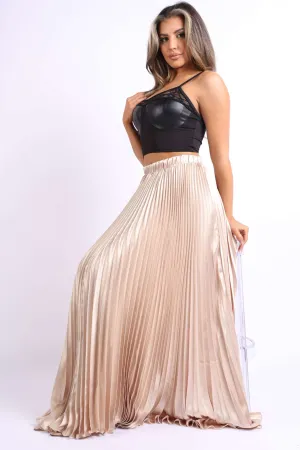 Beige Gold High Waist Pleated Satin Maxi Skirt