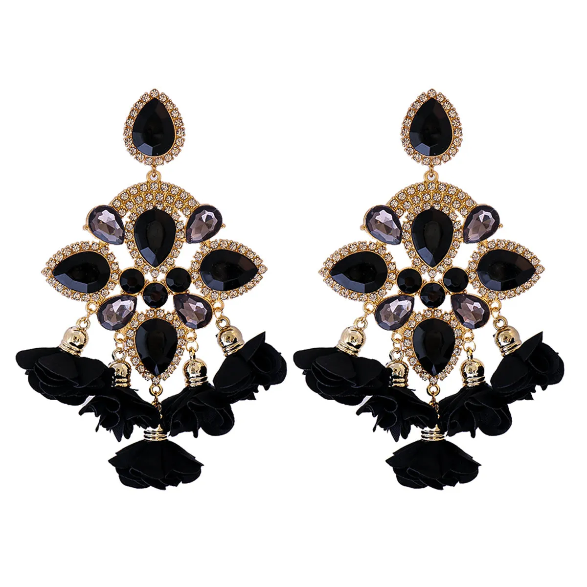 Black Crystal & Cubic Zirconia Floral Chandelier Drop Earrings