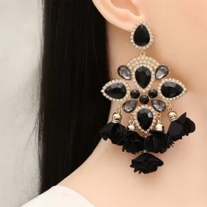 Black Crystal & Cubic Zirconia Floral Chandelier Drop Earrings