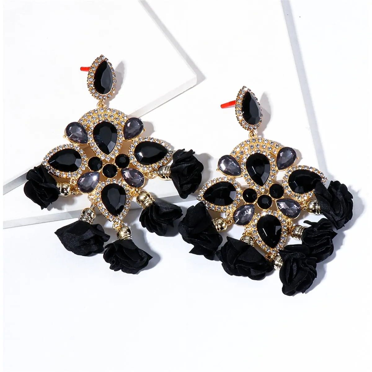 Black Crystal & Cubic Zirconia Floral Chandelier Drop Earrings