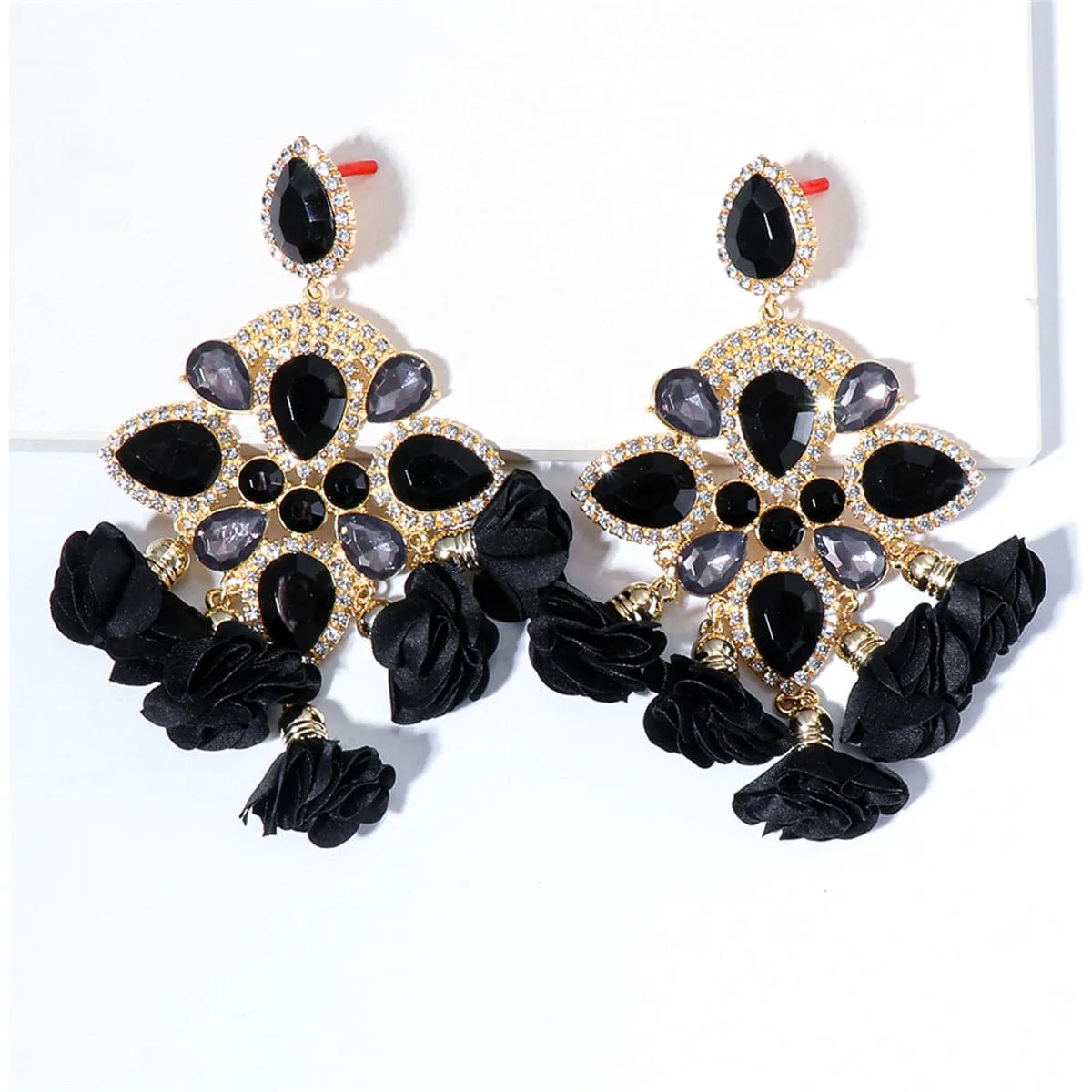 Black Crystal & Cubic Zirconia Floral Chandelier Drop Earrings