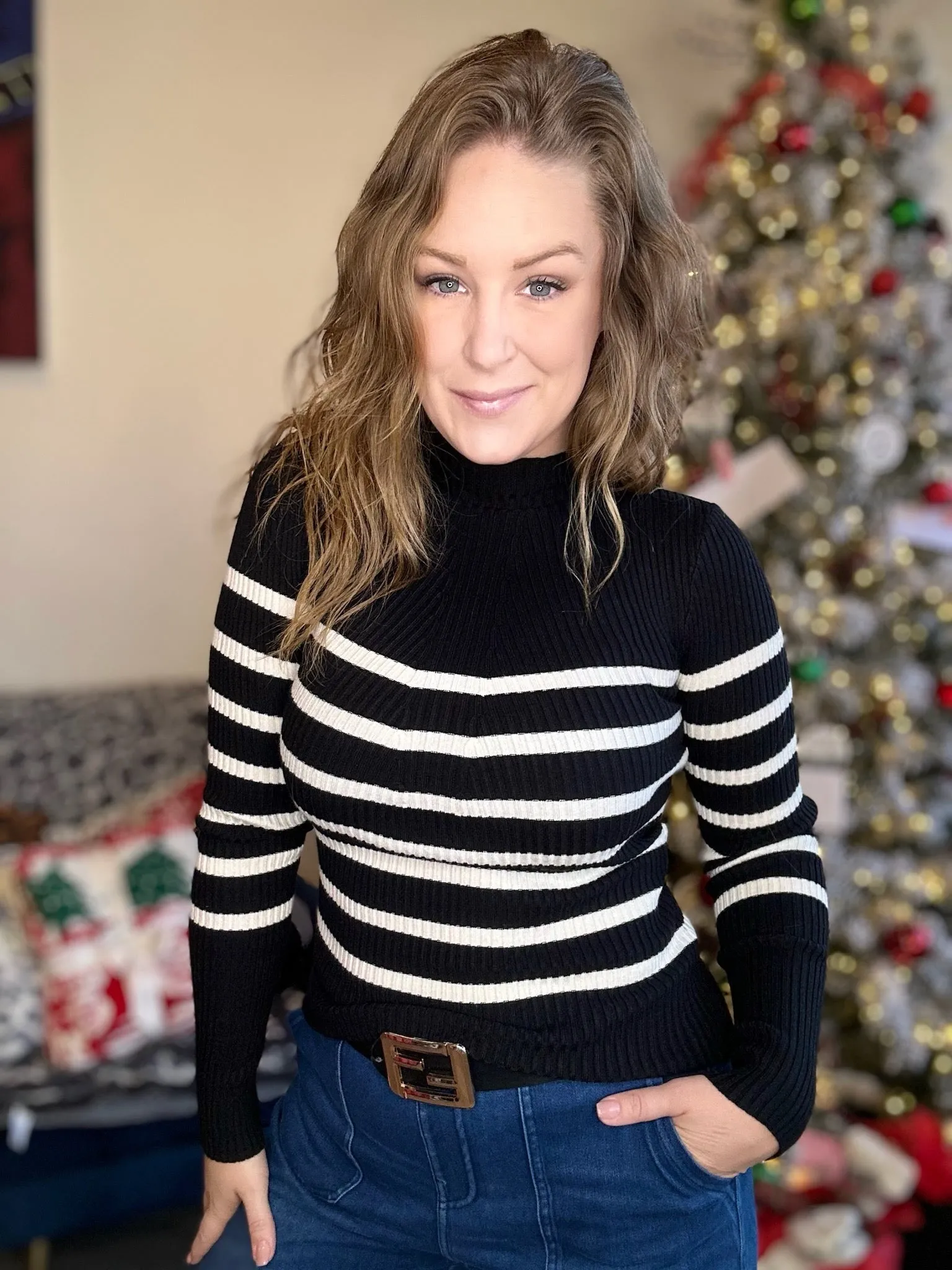 Black Stripe Fitted Ribbed Sweater