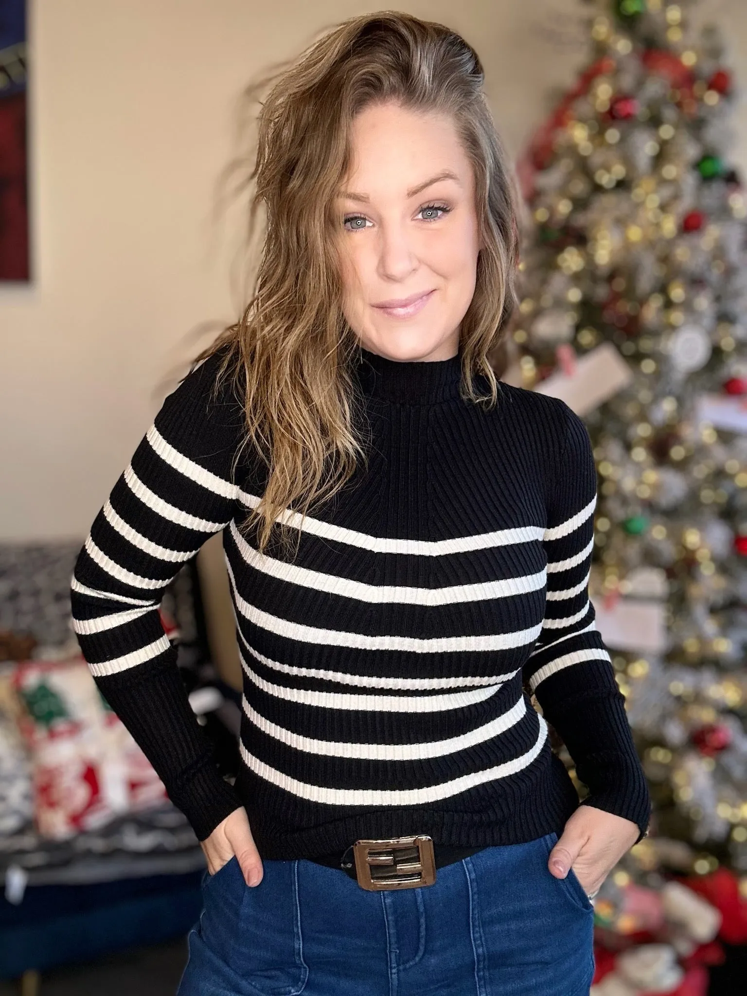 Black Stripe Fitted Ribbed Sweater