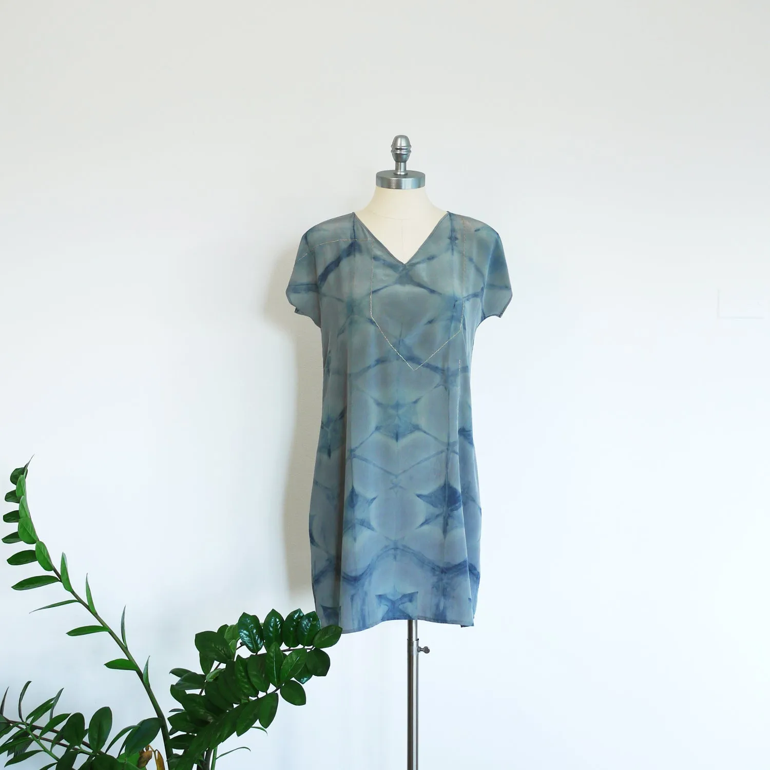 BLUE on Gray indigo embroidered silk dress.