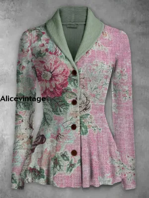 Boho Floral Print Vintage Elegant Lapel V-Neck Button Up Long Sleeve Top
