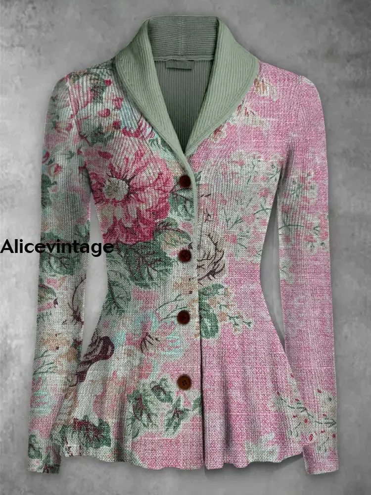 Boho Floral Print Vintage Elegant Lapel V-Neck Button Up Long Sleeve Top