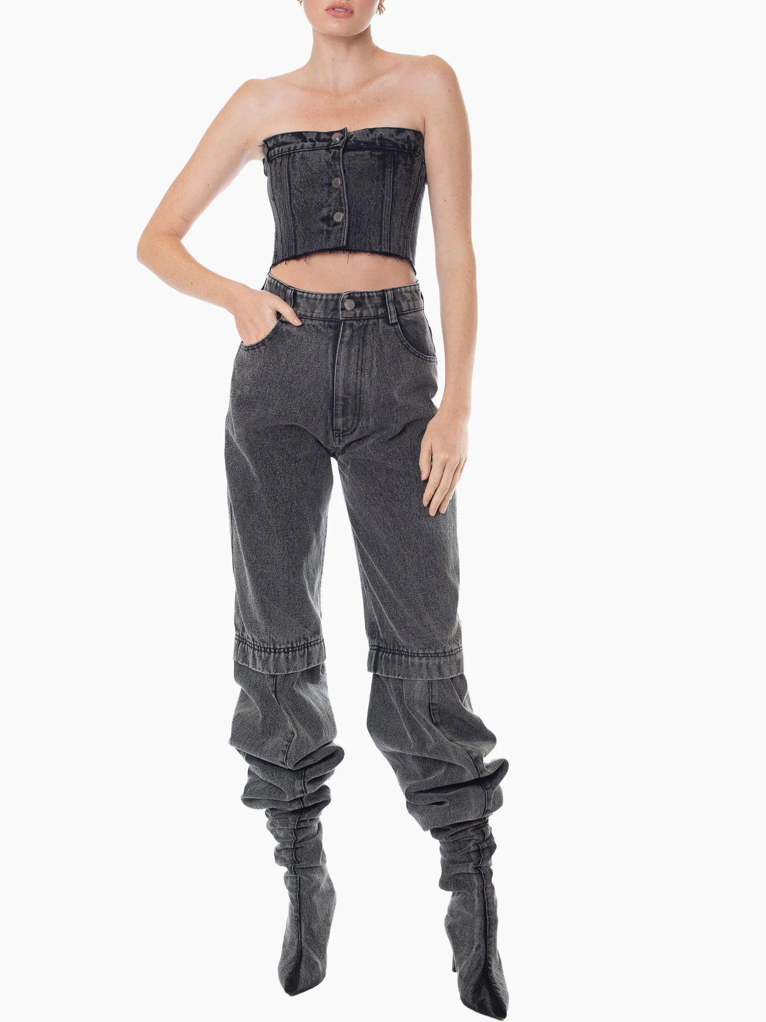 BONBOM Black Denim Crop Tube Top