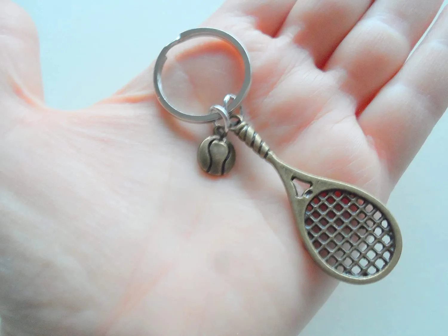 Bronze Tennis Racquet & Ball Charm Keychain, Graduate Keychain, Tennis Player Keychain