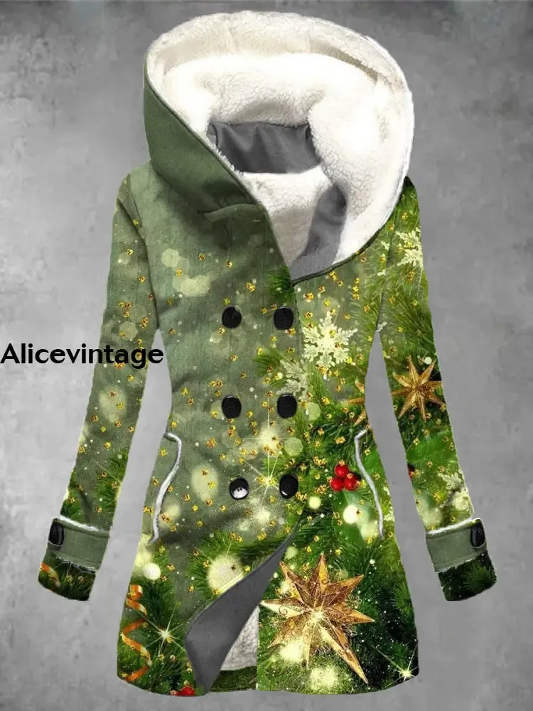 Christmas Art Print Vintage Long Sleeve Button Jacket Coat