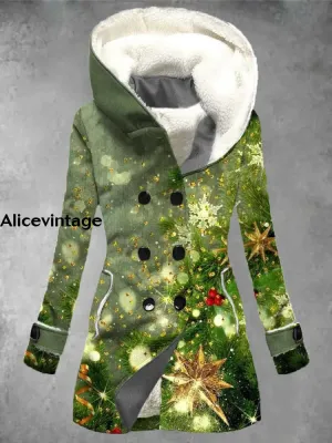 Christmas Art Print Vintage Long Sleeve Button Jacket Coat