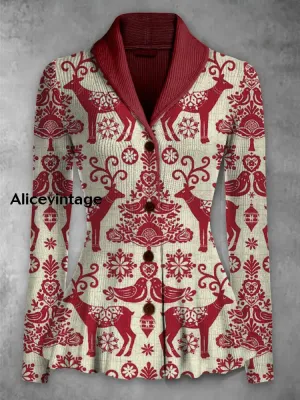 Christmas Reindeer Art Print Vintage Elegant Lapel V-Neck Button Up Long Sleeve Top