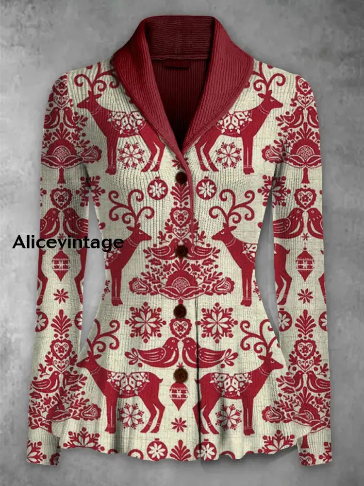 Christmas Reindeer Art Print Vintage Elegant Lapel V-Neck Button Up Long Sleeve Top