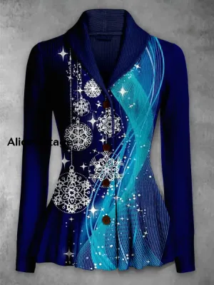 Christmas Snowflake Print Vintage Elegant Lapel V-Neck Button Up Long Sleeve Top