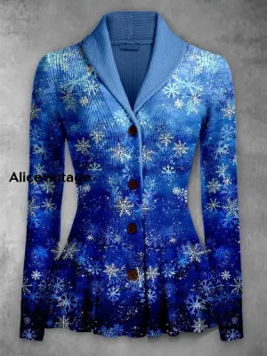 Christmas Snowflake Print Vintage Elegant Lapel V-Neck Button Up Long Sleeve Top