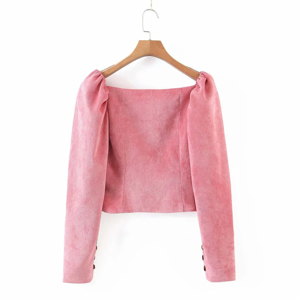 Corduroy Square Collar Puff Bubble Sleeve Shirt Crop Tops