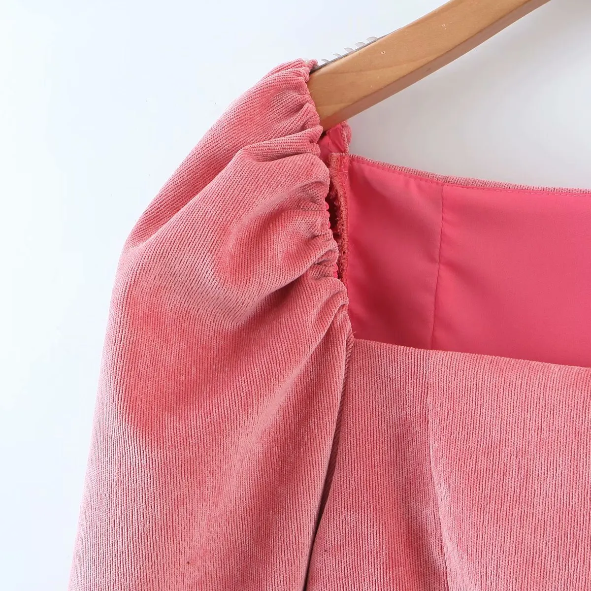 Corduroy Square Collar Puff Bubble Sleeve Shirt Crop Tops