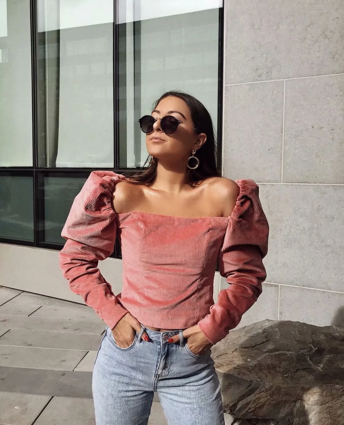 Corduroy Square Collar Puff Bubble Sleeve Shirt Crop Tops