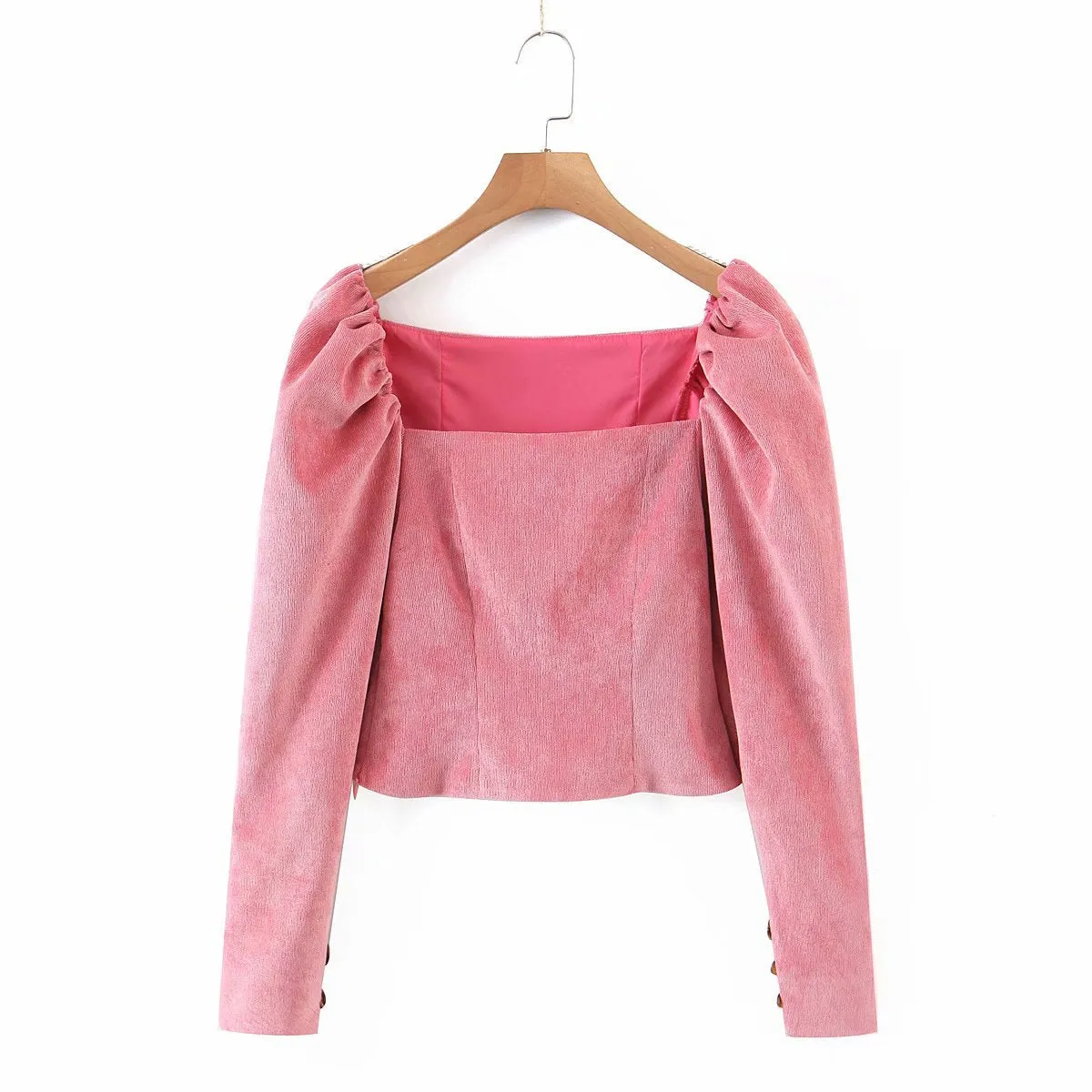 Corduroy Square Collar Puff Bubble Sleeve Shirt Crop Tops