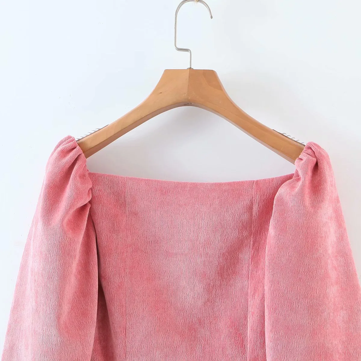 Corduroy Square Collar Puff Bubble Sleeve Shirt Crop Tops