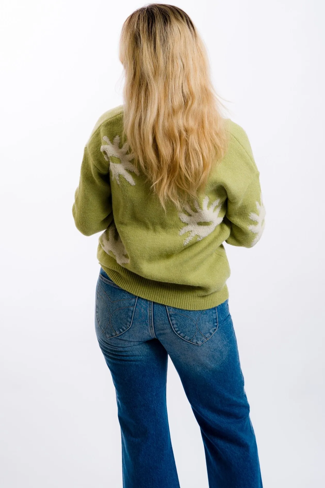 Daisy Street Tufted Intarsia Cardigan - Green