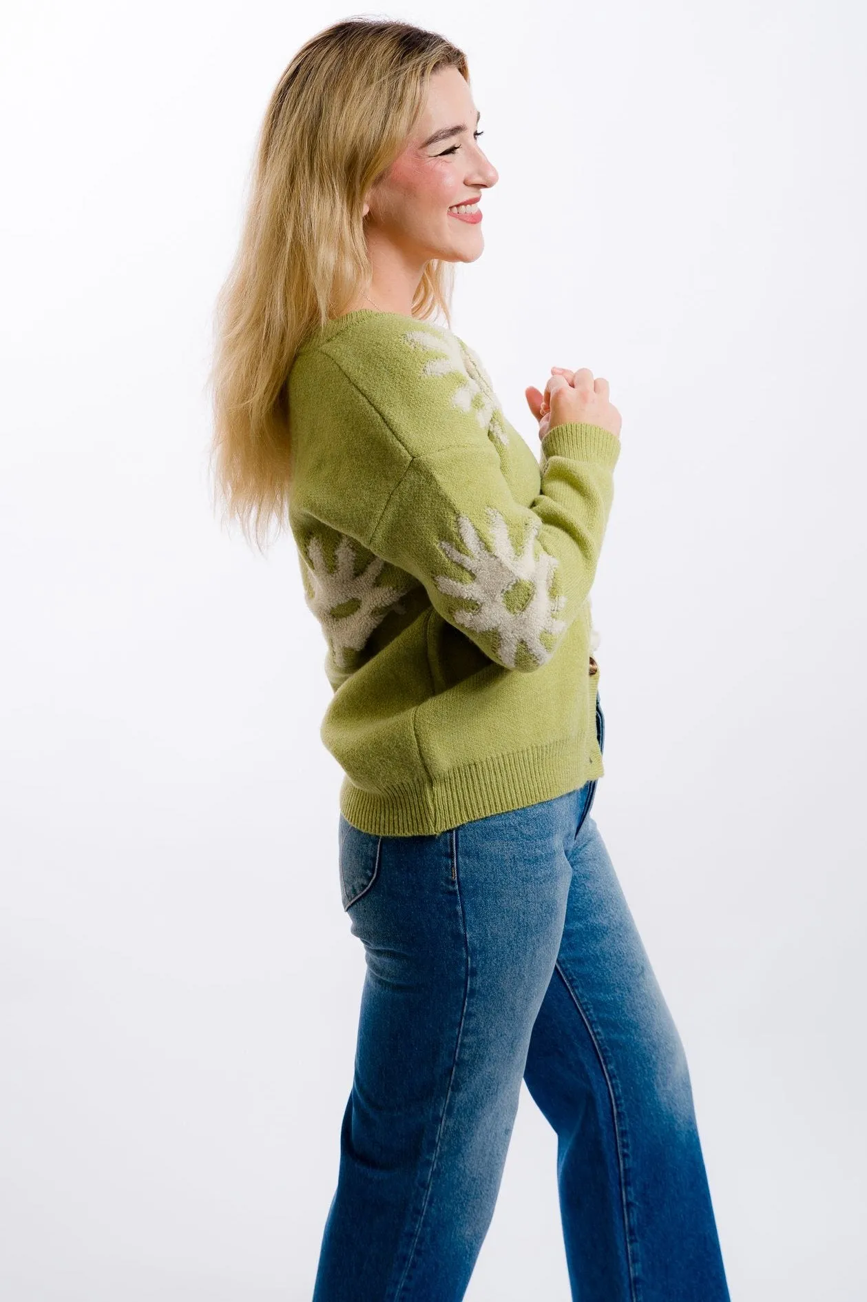Daisy Street Tufted Intarsia Cardigan - Green