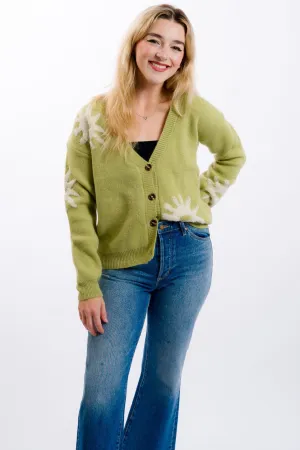Daisy Street Tufted Intarsia Cardigan - Green