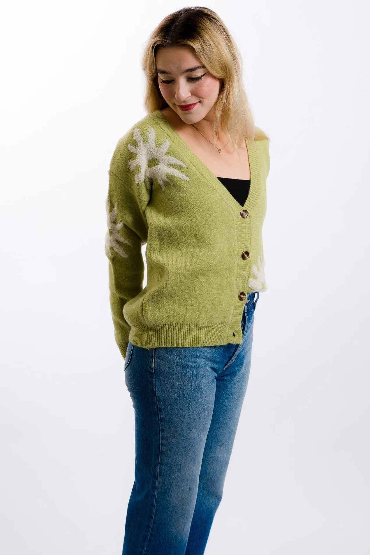 Daisy Street Tufted Intarsia Cardigan - Green