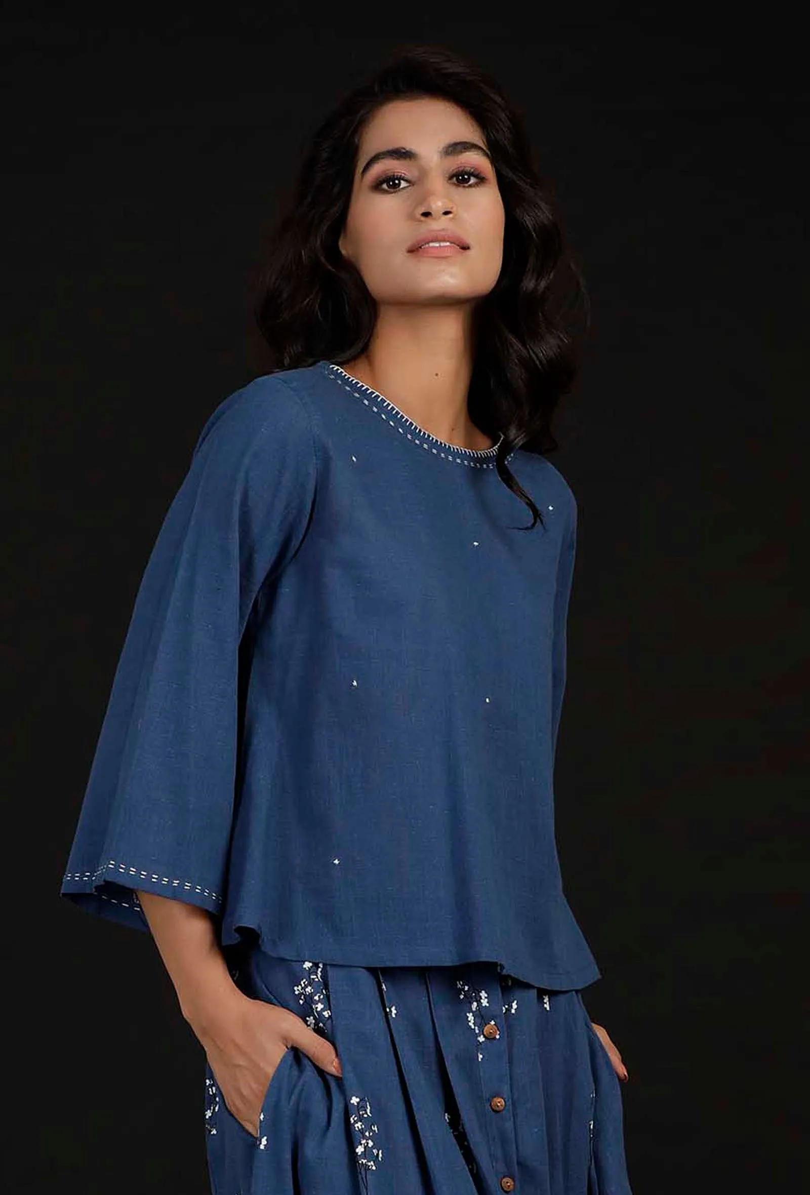 Denim Blue Hand Detailed Cotton Top