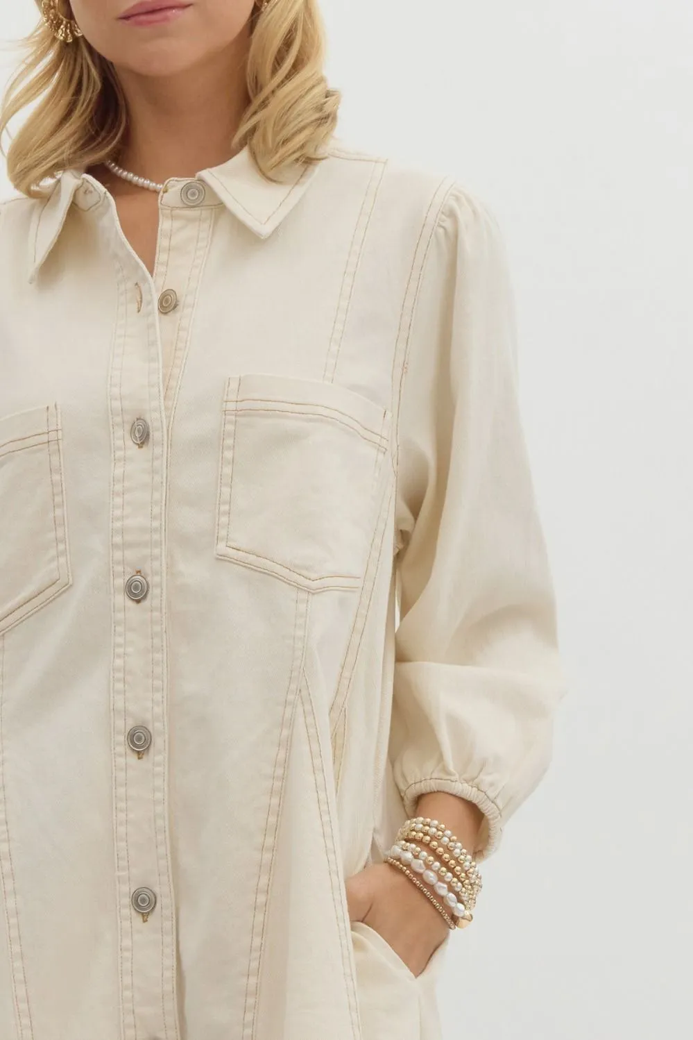 Denim Buttoned Mini Dress {Ecru}