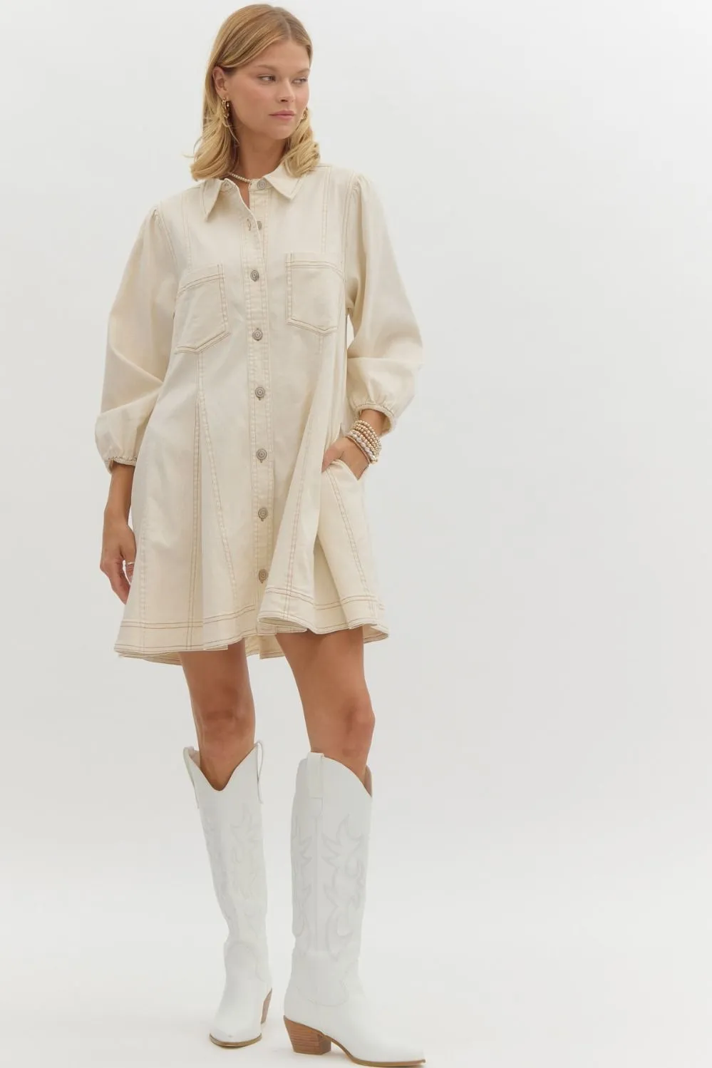 Denim Buttoned Mini Dress {Ecru}