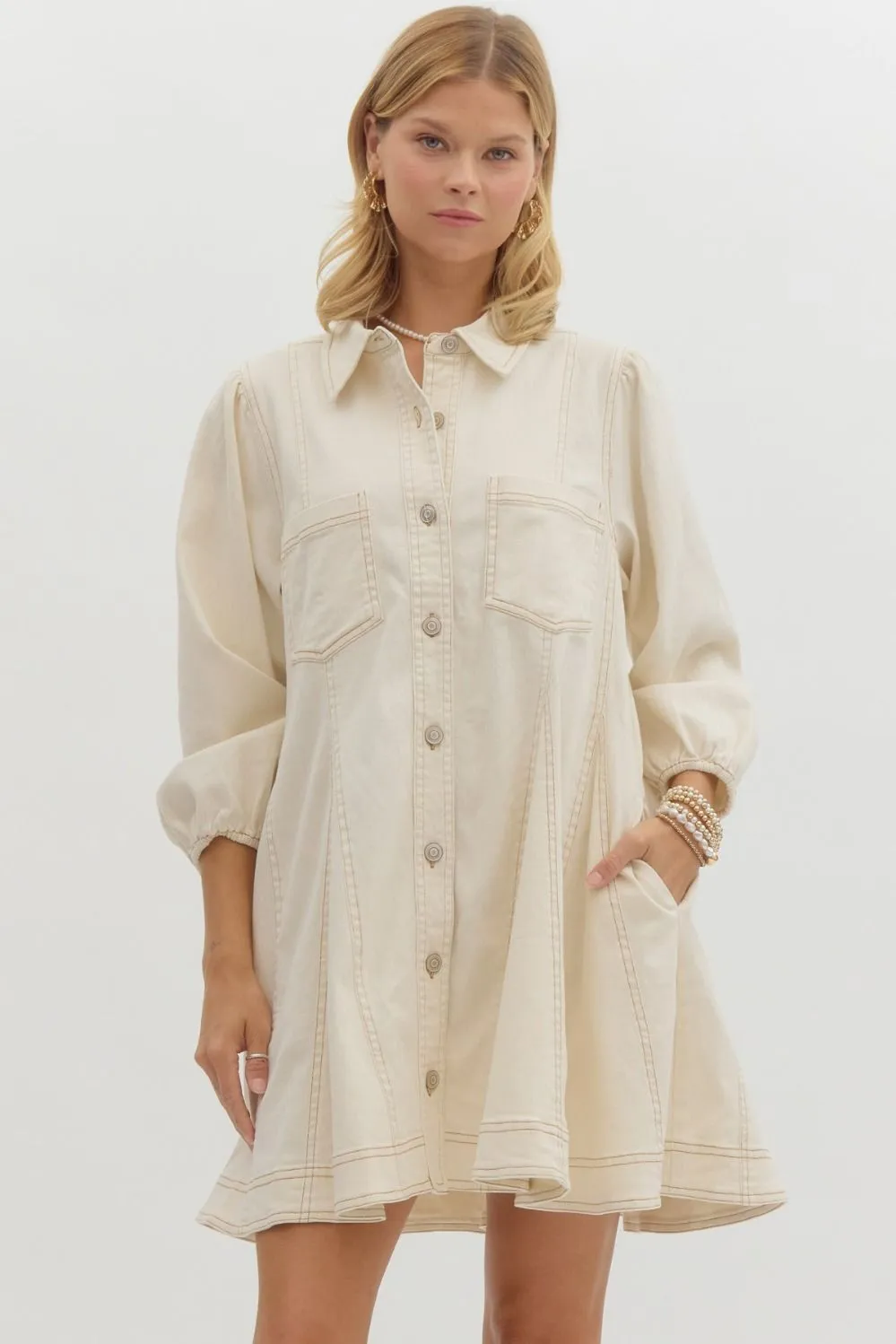 Denim Buttoned Mini Dress {Ecru}