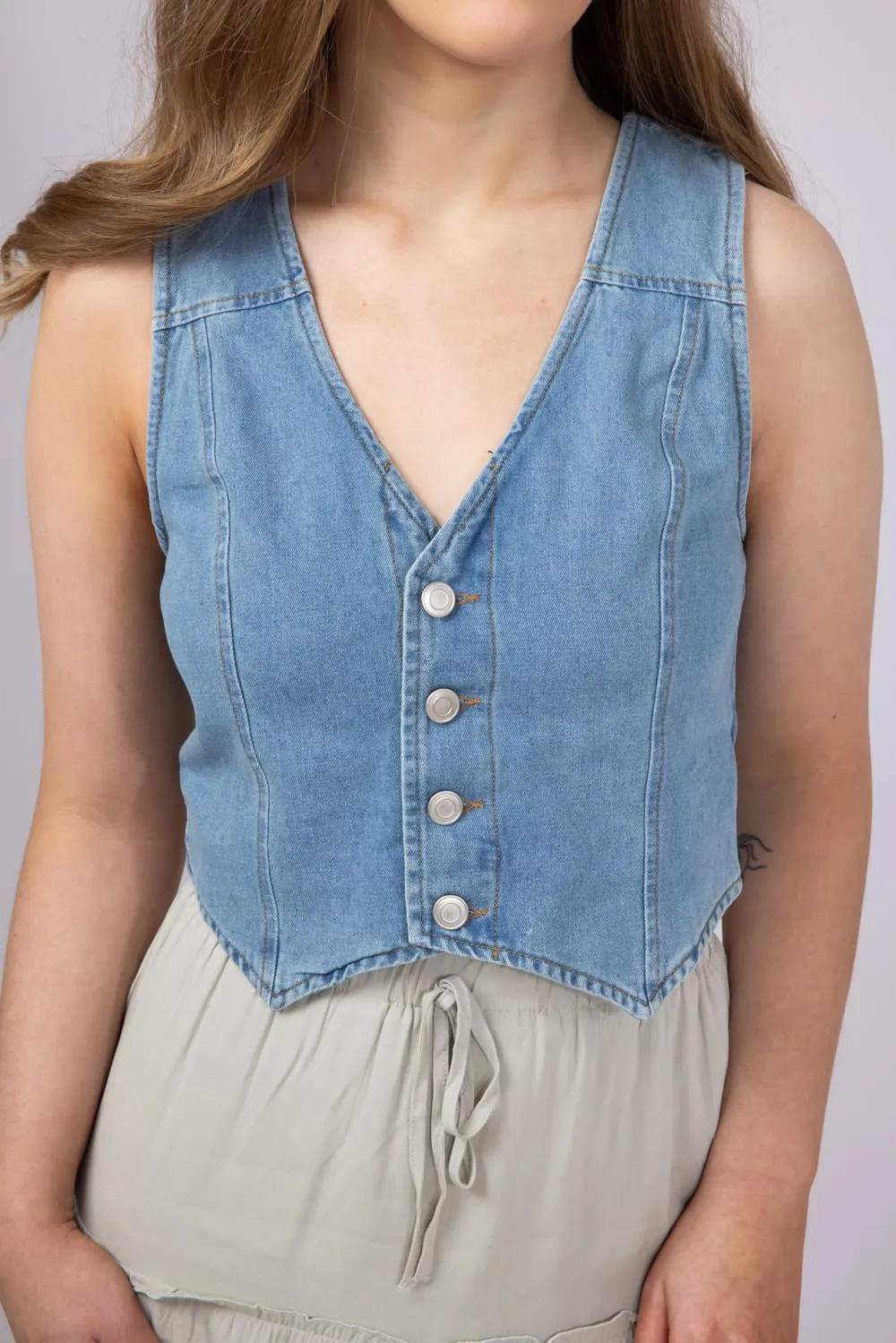 Denim V-Neck Button Up Vest for Women | HT1363-DENIM