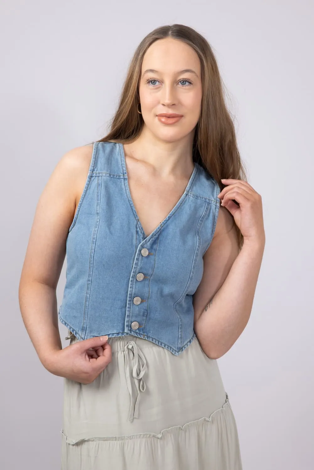 Denim V-Neck Button Up Vest for Women | HT1363-DENIM