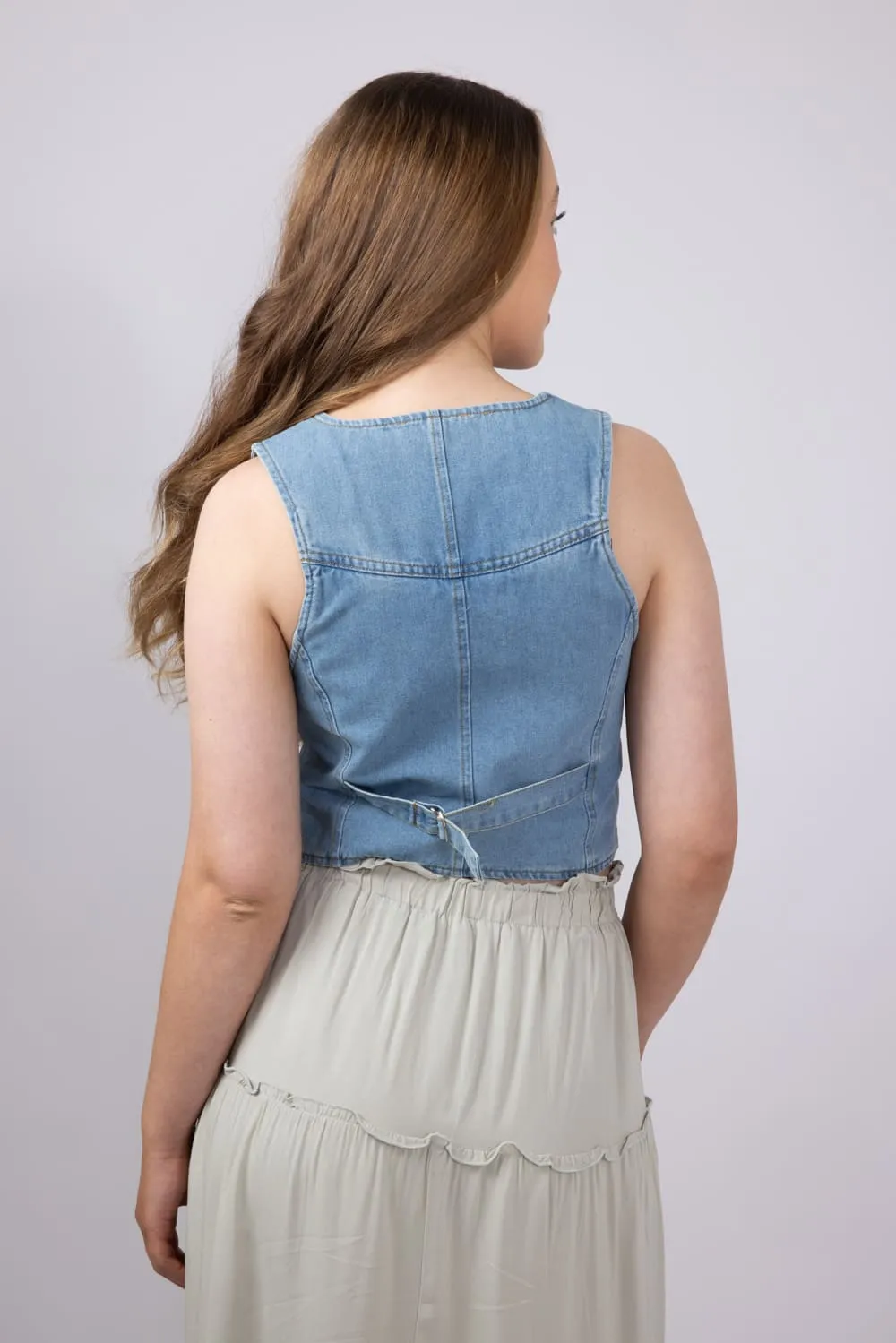 Denim V-Neck Button Up Vest for Women | HT1363-DENIM