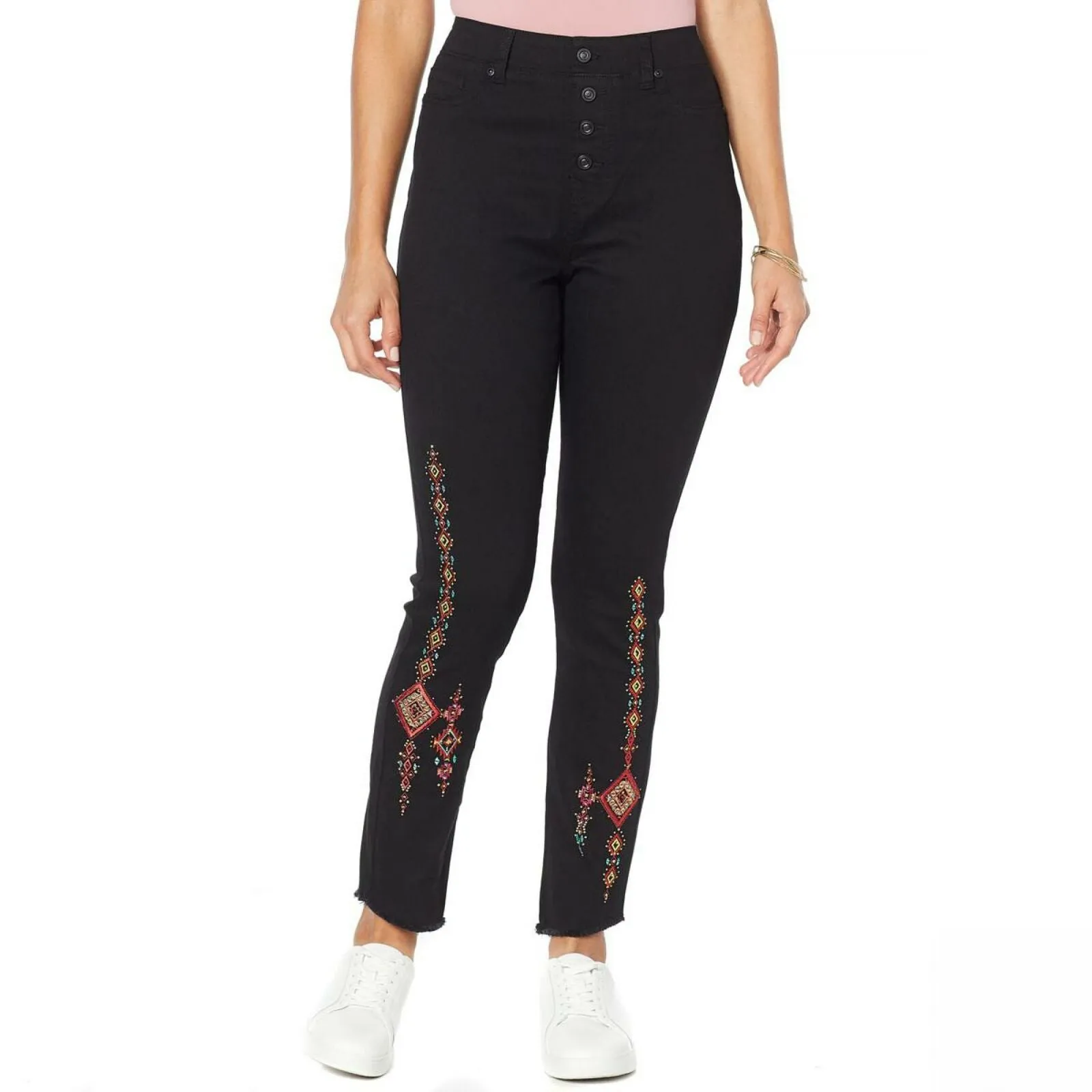 DG2 by Diane Gilman Women's Petite Embroidered Pull On Exposed Button Jeans