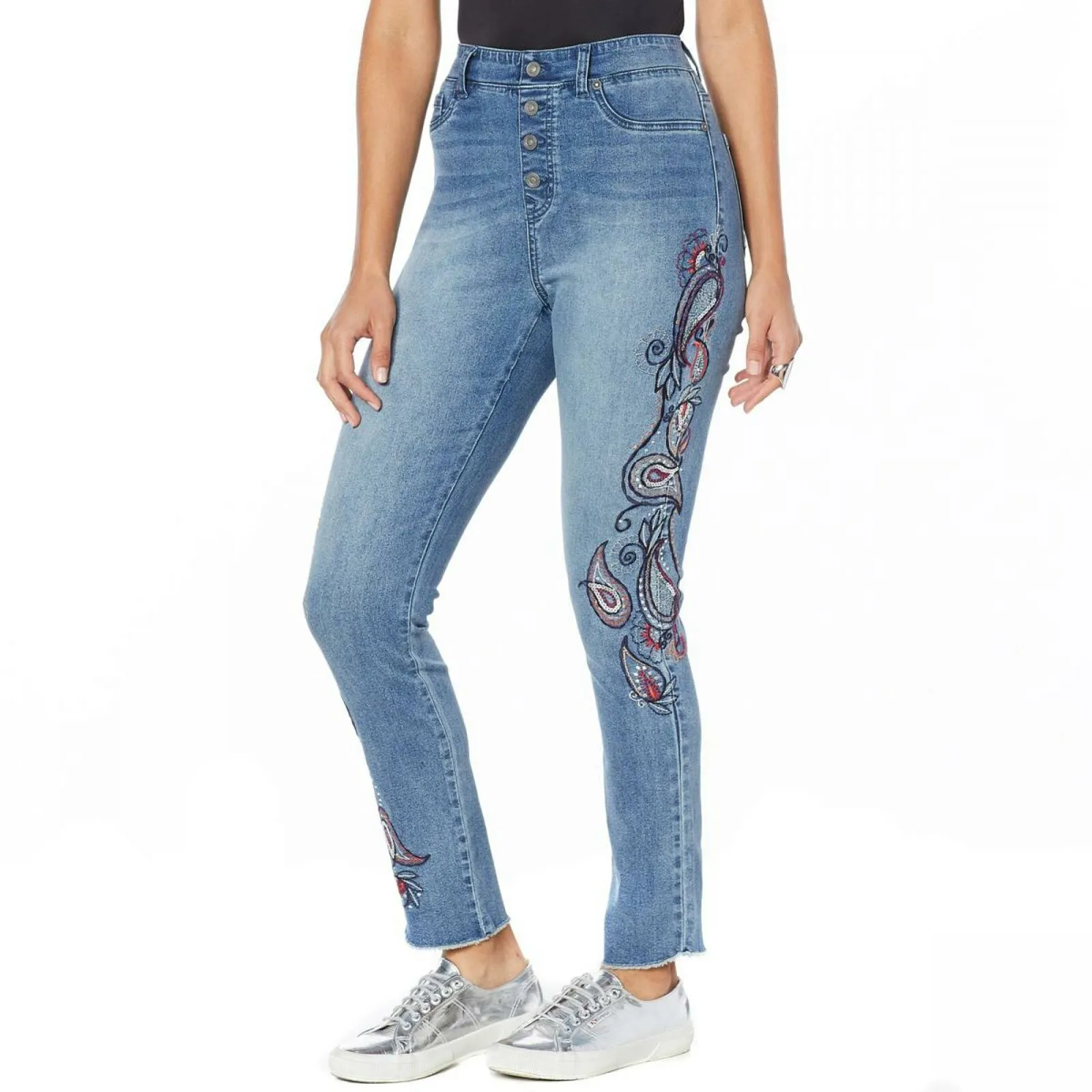 DG2 by Diane Gilman Women's Petite Embroidered Pull On Exposed Button Jeans